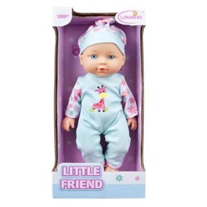 Oferte la Papusa bebelus Little Friend cu costum albastru si imprimeu girafa, 27 cm