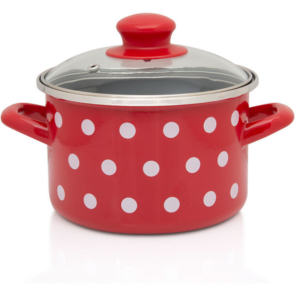 Oferte la Oala cu Capac de Sticla Tufne Capacitate 2L Diametru 16CM Rosu/Alb