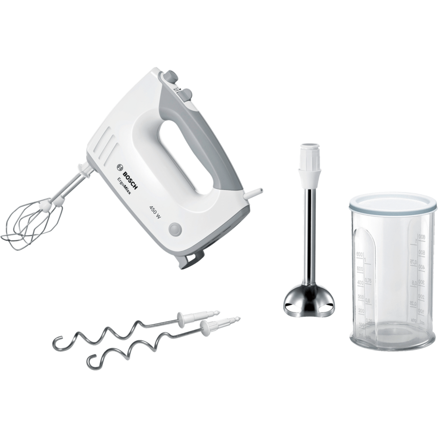 Mixer de mana Bosch MFQ36470, 450 W, 5 viteze + Turbo, Alb/Gri