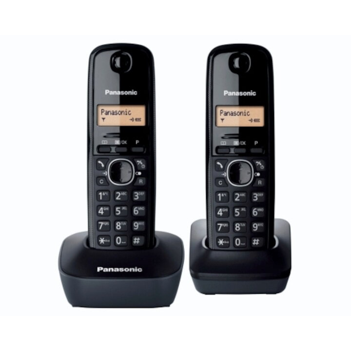Telefon DECT fara fir Panasonic Twin KX-TG1612FXH, 2 receptoare, Caller ID, Negru