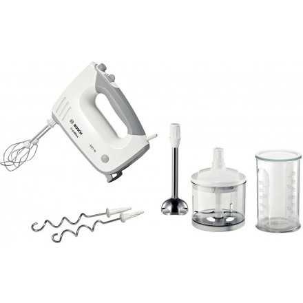 Mixer de mana Bosch MFQ36480, 450 W, 5 viteze + Turbo, Picior pasator inox, tocator, vas gradat, Alb/Gri