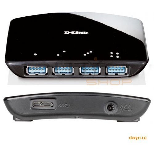 Oferte la D-Link, Hub USB 3.0, 4 porturi, Super Speed, alimentator inclus, max 0.9A / port.