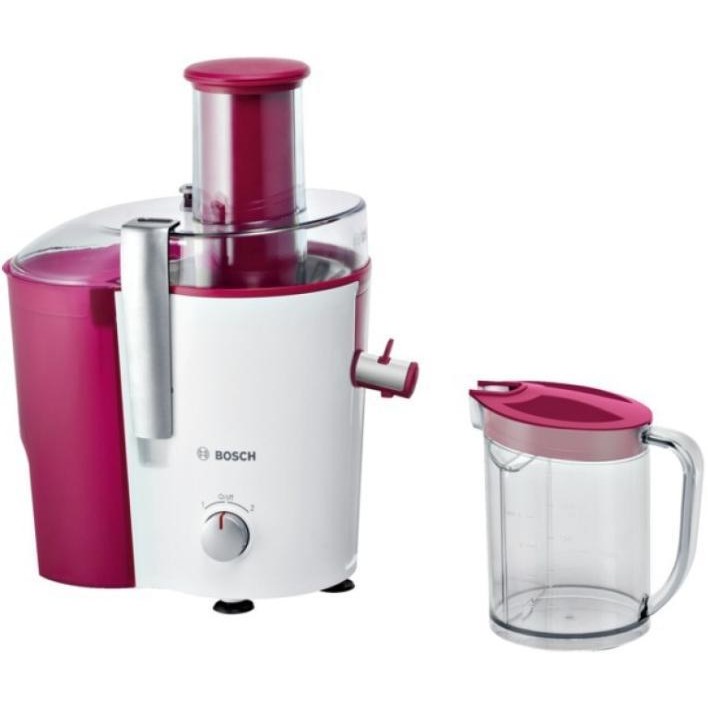 Oferte la Storcator de fructe si legume Bosch MES25C0, 700 W, Recipient suc 1.25 l, Recipient pulpa 2 l, 2 Viteze, Tub de alimentare 73 mm, Rosu/Alb