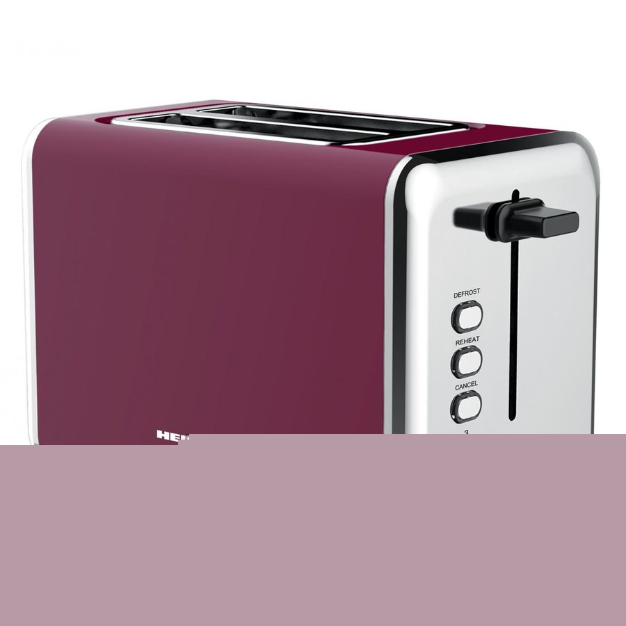 Prajitor de paine HEINNER TP-1000BG,  capacitate: doua felii, 6 nivele de rumenire, 3 functii: dezghetare, oprire, reincalzire, tavita de firimituri detasabila, spatiu depozitare cablu de alimentare, material: inox, visiniu