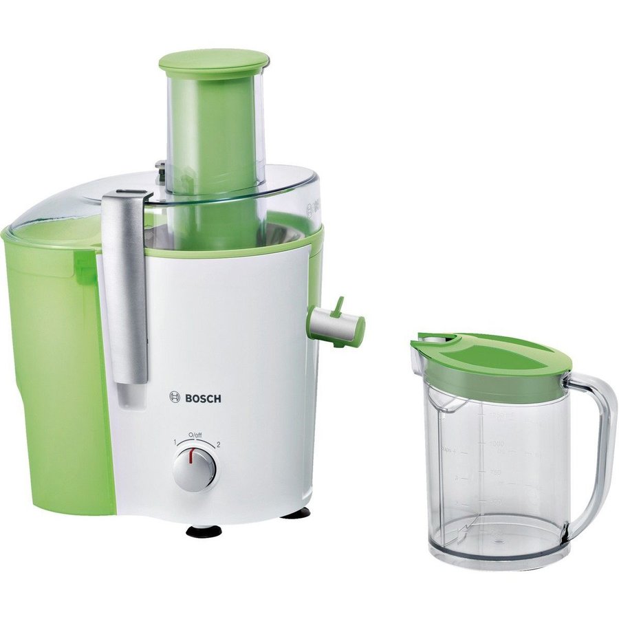 Oferte la Storcator de fructe si legume Bosch MES25G0, 700 W, Recipient suc 1.25 l, Recipient pulpa 2 l, 2 Viteze, Tub de alimentare 73 mm, Alb/Verde