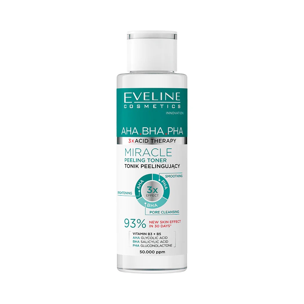 Oferte la Toner exfoliant Eveline Cosmetics Miracle, cu acizi si vitamine, pentru curatarea porilor si netezirea pielii, 110 ml