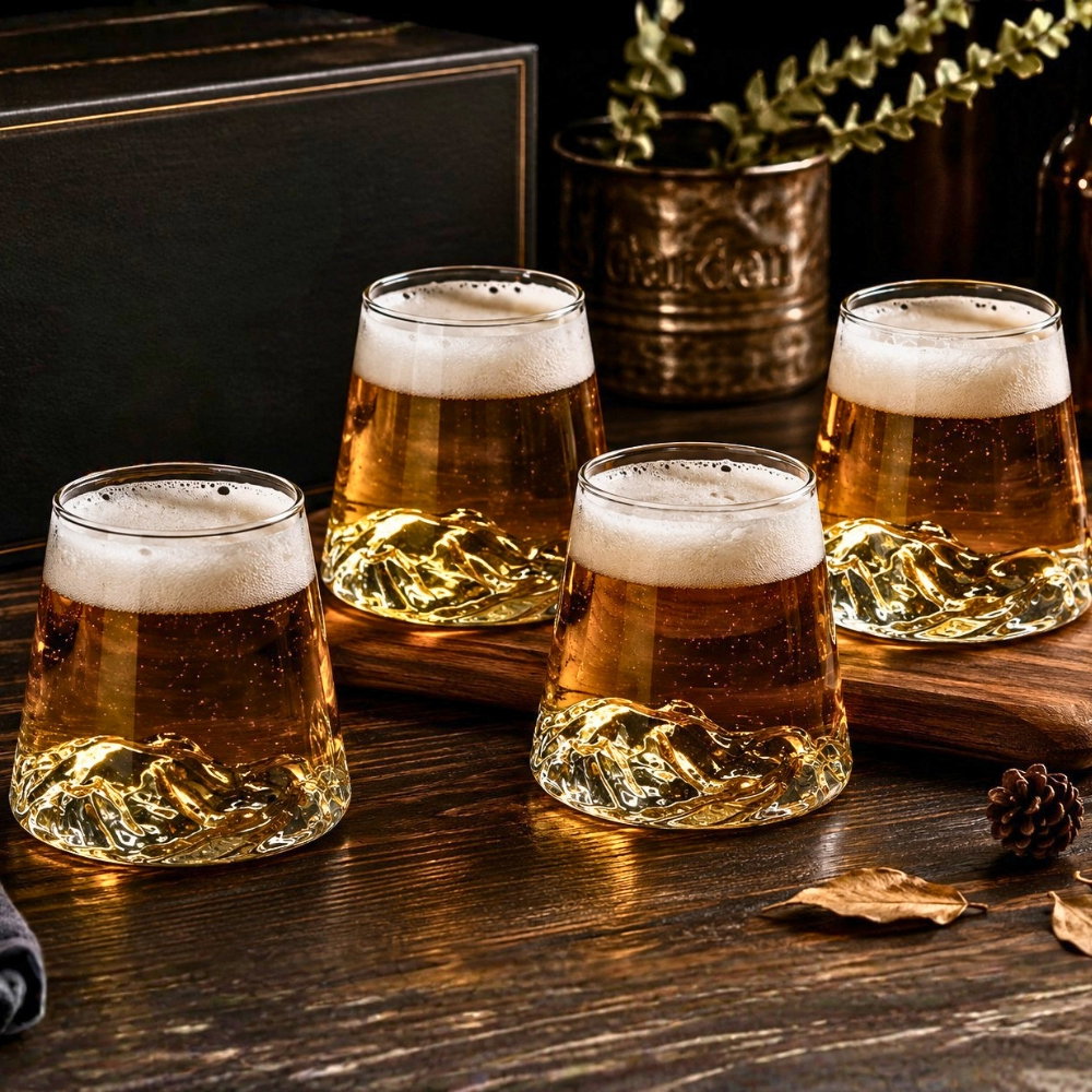 Oferte la Set 4 pahare de bere cu munte, din sticla borosilicata 250ml, Varful Berarilor