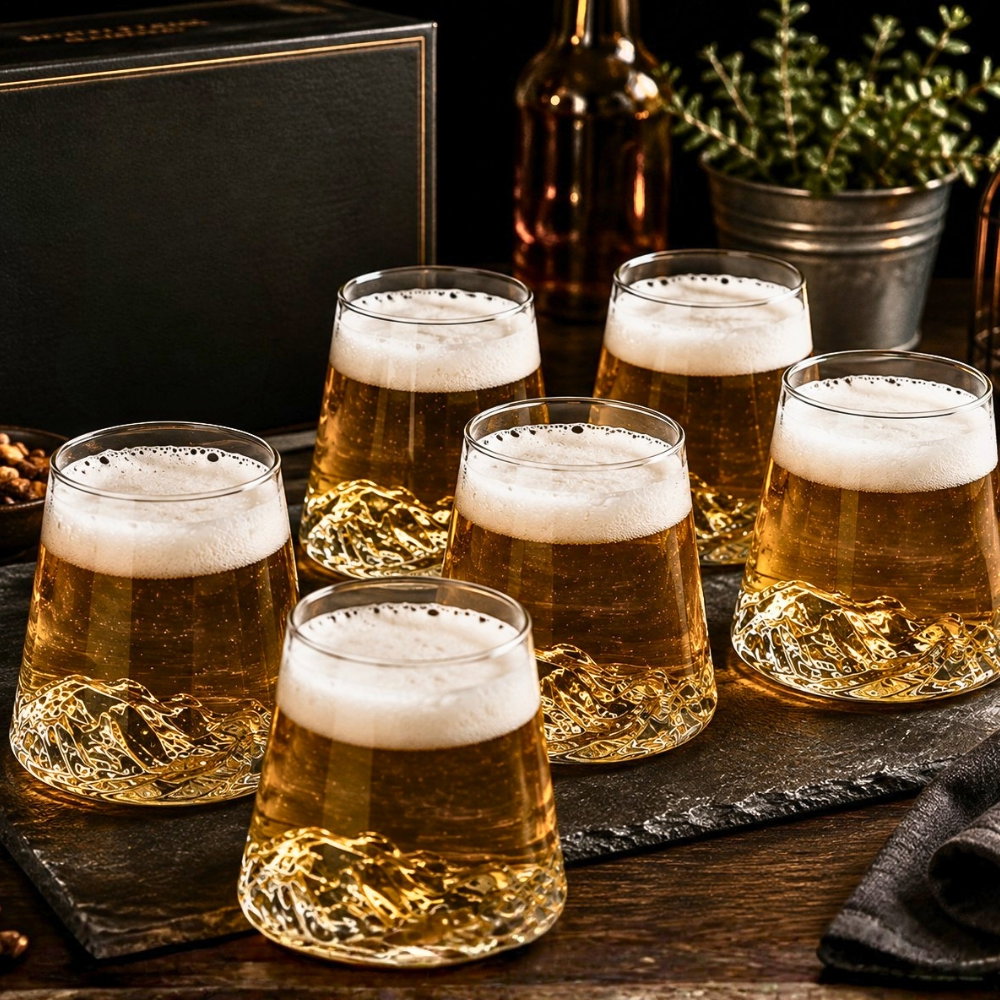 Oferte la Set 6 pahare de bere cu munte, din sticla borosilicata 250ml, Varful Berarilor