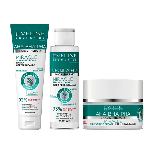 Oferte la Set Eveline Cosmetics Miracle cu Crema hidratanta 50 ml, Spuma de curatare 150 ml si Toner exfoliant 200 ml