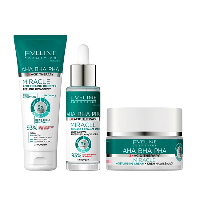 Oferte la Set Eveline Cosmetics Miracle, cu Crema hidratanta 50 ml, Ser bifazic iluminator 30 ml si Exfoliant facial 75 ml