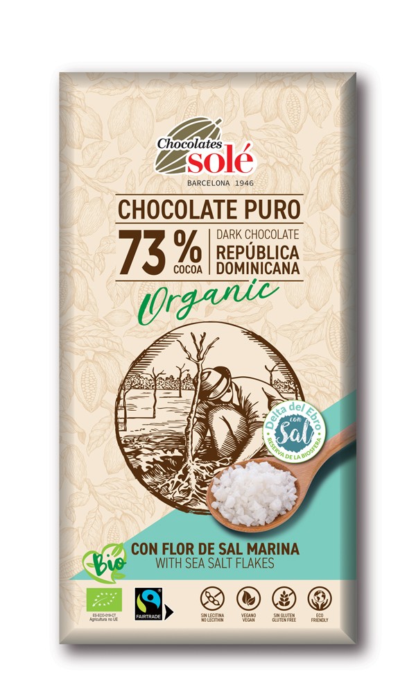 Oferte la Ciocolata neagra bio si fairtrade 73% cacao cu Fleur de sel, 100g Chocolates Sole