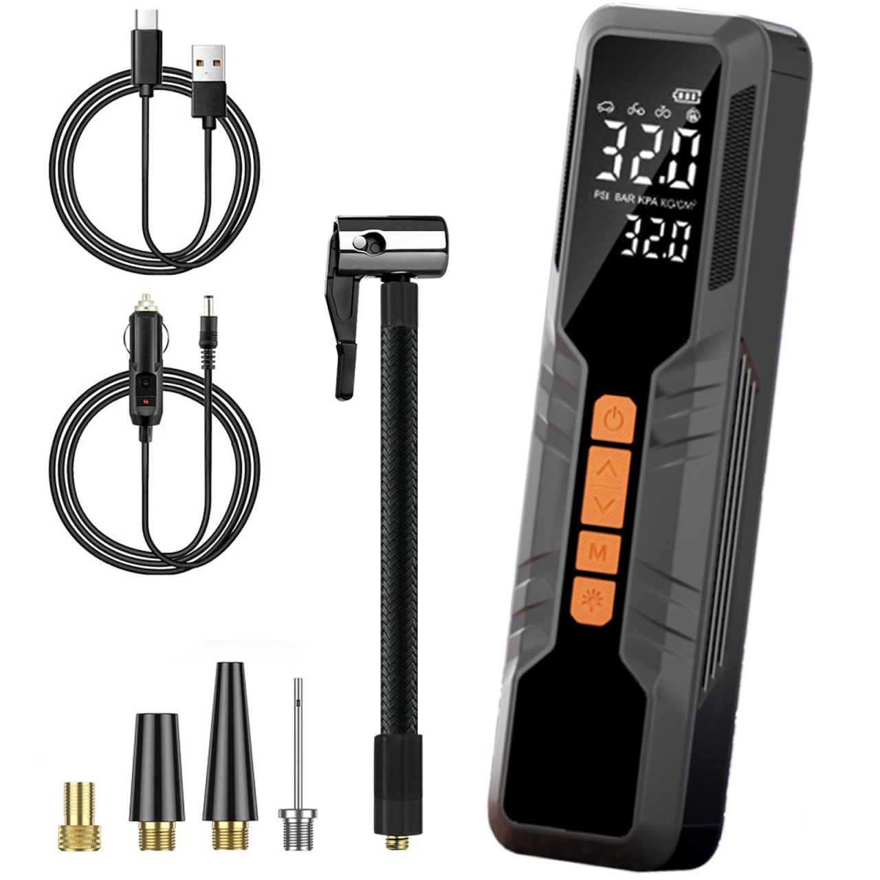 Compresor auto portabil Techstar LW-8018 cu afisaj digital LCD si lanterna LED, presiune maxima 10.3 bar (150 PSI), baterie reincarcabila 6000mAh, incarcare USB Type-C, umflare rapida 20L/mi