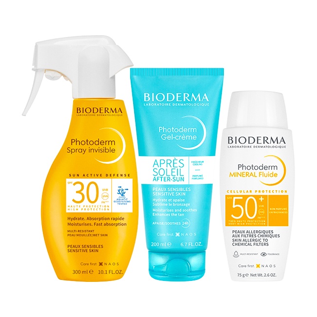 Oferte la Pachet Bioderma Photoderm – Spray SPF 30 300 ml + Crema after-sun 200 ml + Fluid mineral SPF 50+ 75 g.