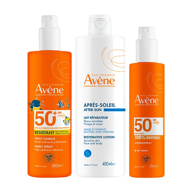 Oferte la Pachet Avène – Spray protectie solara SPF 50+ 400 ml + Spray protectie solara 100% invizibil SPF 50 200 ml + Lotiune after sun, 400 ml