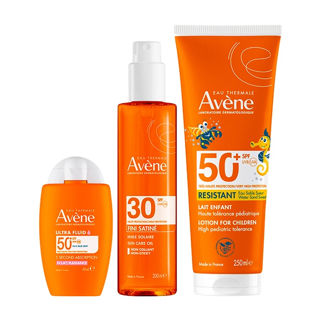 Oferte la Pachet Avène – Fluid protectie solara fata Ultra Radiance SPF 50+, 50 ml + Ulei satinat protectie solara SPF 30, 200 ml + Lotiune protectie solara copii SPF 50+, 250 ml