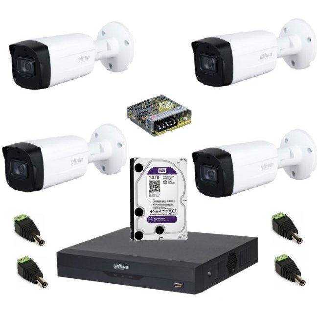 Sistem de supraveghere Dahua DH-4CEXT80M-2MPS HDCVI cu 4 camere de exterior de 2MP, IR 80m, Starlight, microfon