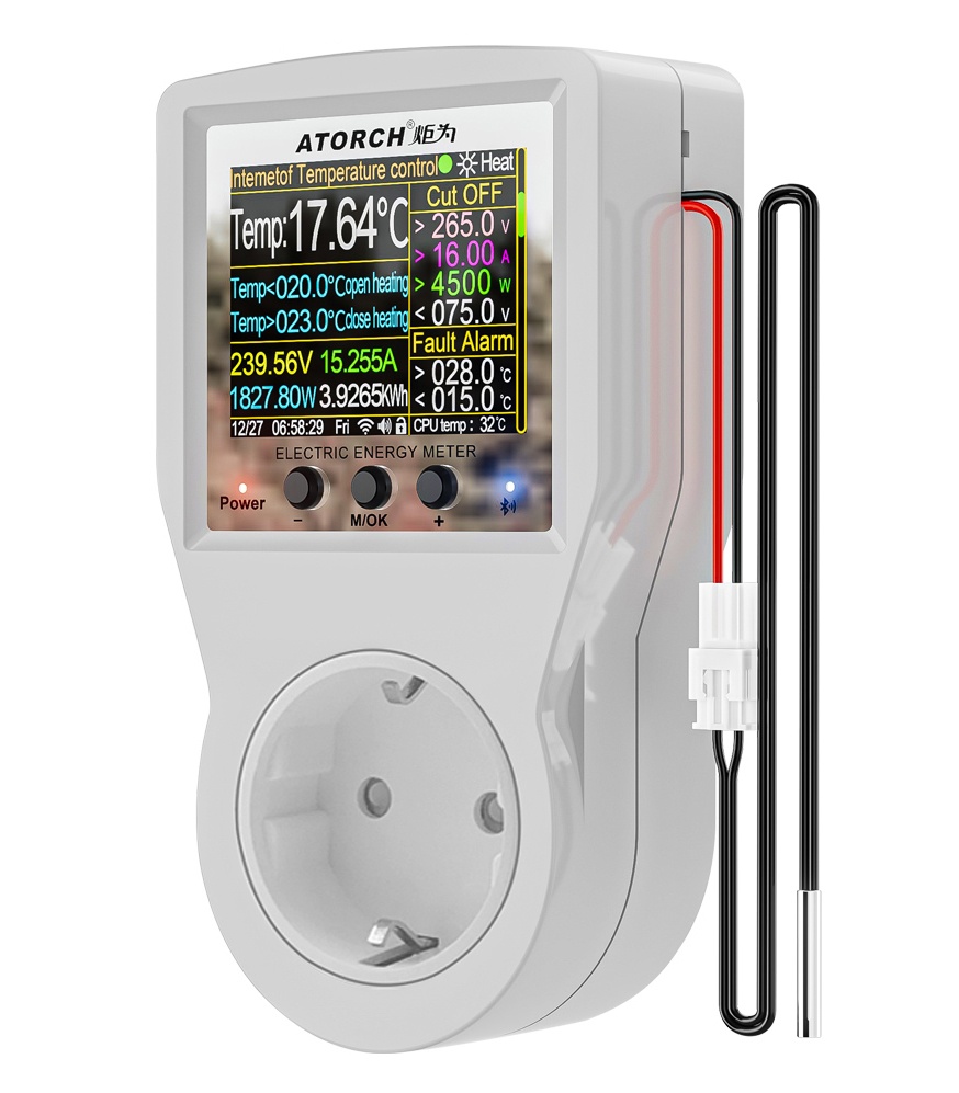 Priza inteligenta si Controller smart temperatura si consum energie ATORCH S1BWT, WiFi, Bluetooth, control de la distanta, Cablu 3m