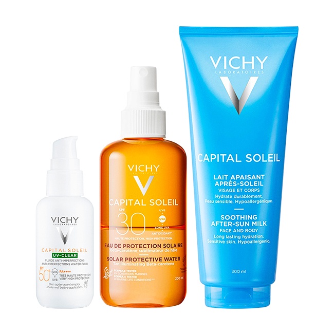 Oferte la Pachet Vichy Capital Soleil – Fluid protectie solara UV-Clear SPF 50+, 50 ml + Apa solara protectoare SPF 30 cu beta-caroten, 200 ml + Lapte after sun calmant, 300 ml