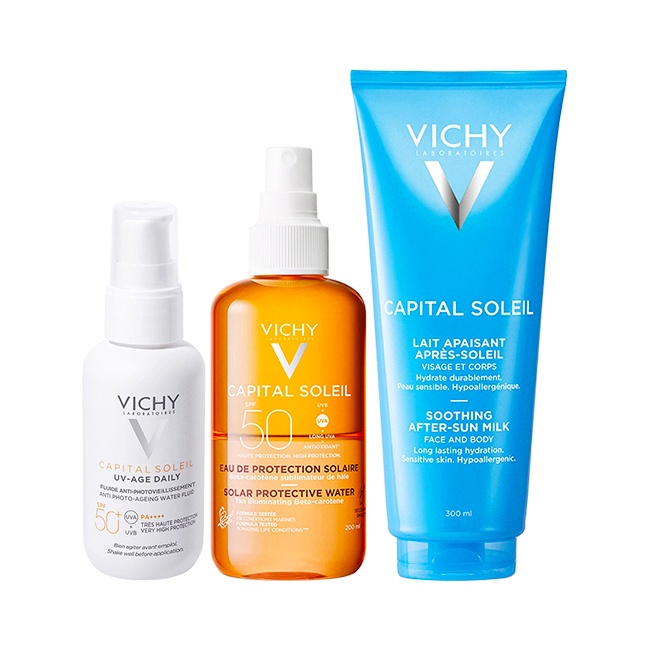 Oferte la Pachet Vichy Capital Soleil – Fluid protectie solara UV-Age Daily SPF 50+, 40 ml + Apa solara protectoare SPF 50 cu beta-caroten, 200 ml + Lapte after sun calmant, 300 ml