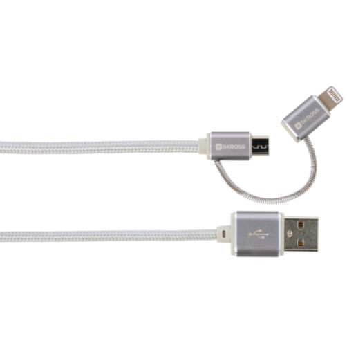 Oferte la Cablu USB 2 in 1 Steel Line cu Conector MicroUSB si Lightning 1m Argintiu