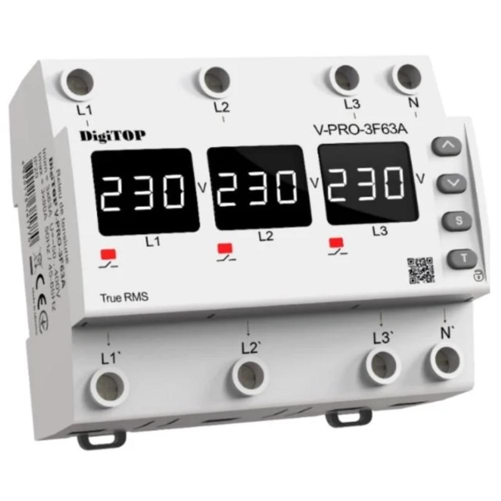 Oferte la Releu protectie tensiune trifazat DigiTop VP-3F63A, 63A, cu contactor inclus, afisaj digital, reglaje programabile