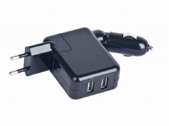 Alimentator auto+priza universal 2xUSB, tensiune iesire: 5V DC cu max.2A, compatibil cu dispozitivele alimentate prin USB, Negru lucios, GEMBIRD (MP3A-UC-ACCAR2)