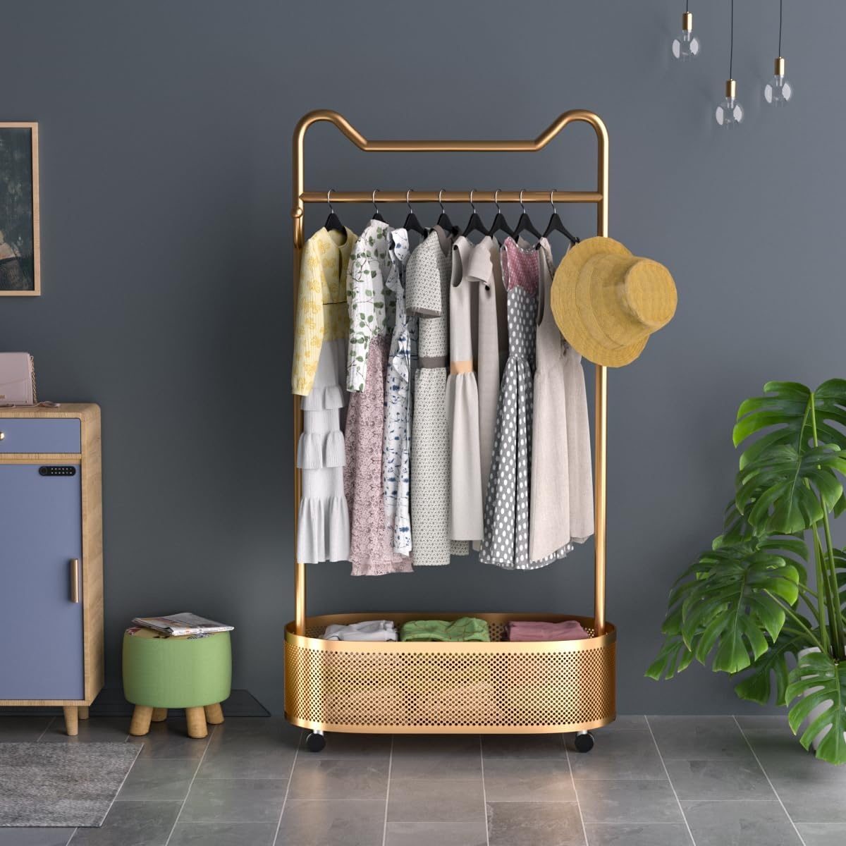 Oferte la SUAU8 - Suport Haine cu spatiu depozitare, 180 cm inaltime, pentru haine, dressing, dormitor - Auriu / Alb