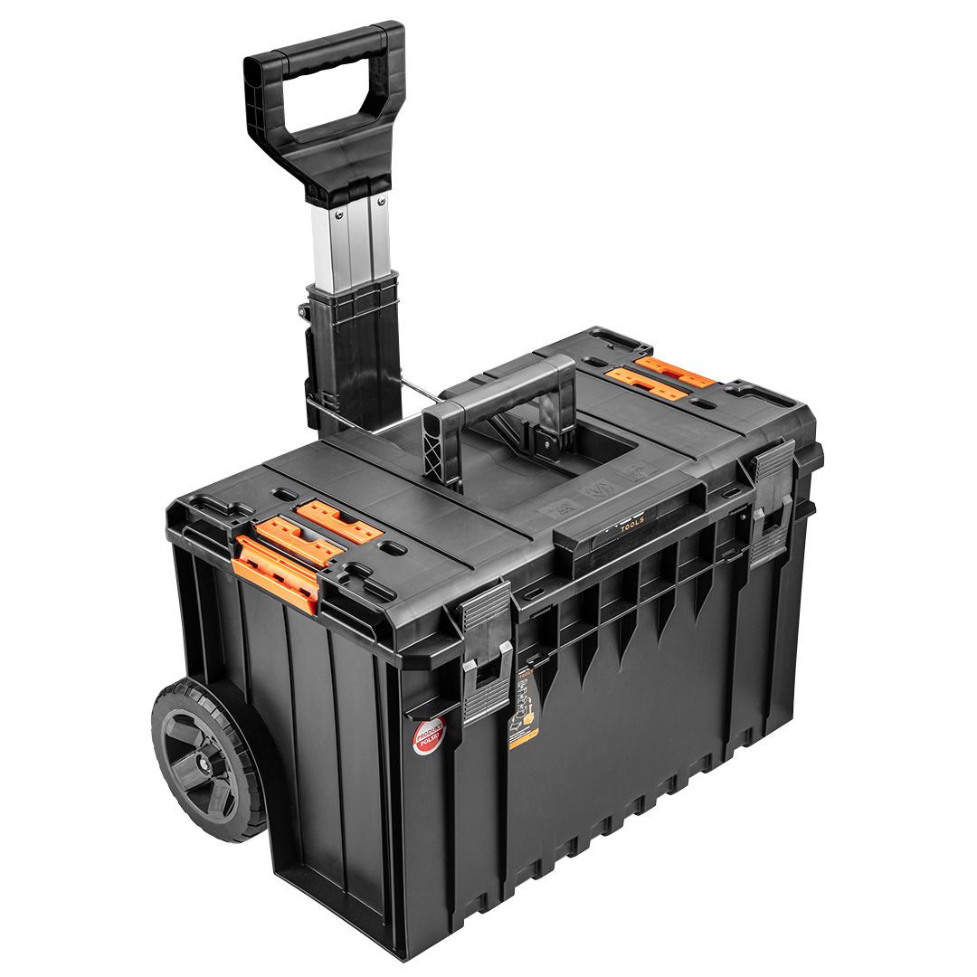 Carucior scule si unelte modulara pe roti, multifunctionala, maner telescopic si garnitura etansa, plastic rezistent, negru, 58.5 x 46 x 76.5 cm
