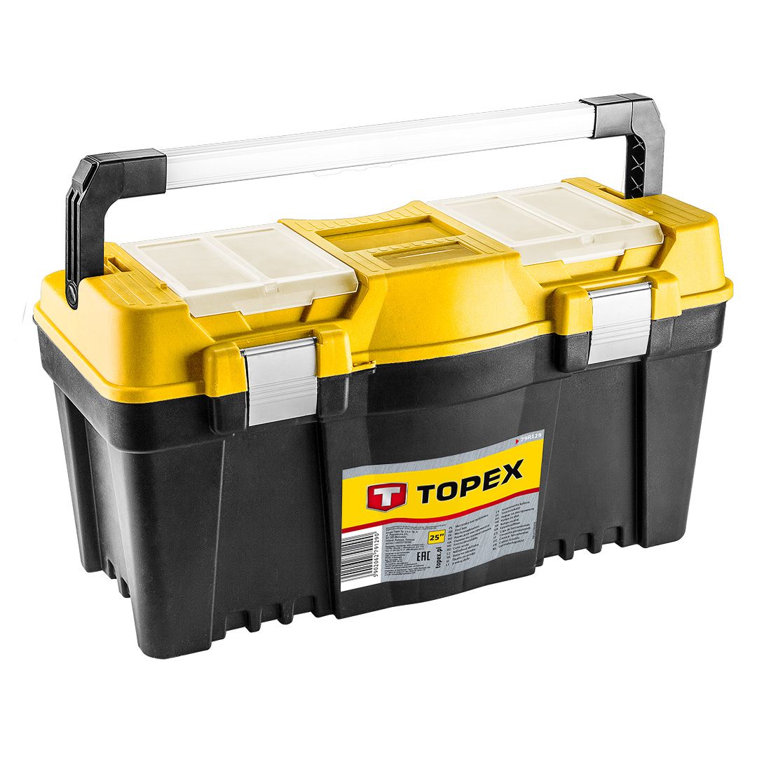 Oferte la Cutie pentru scule si unelte Topex 25, 2 organizatoare, mane aluminiu, 60 x 29 x 33 cm