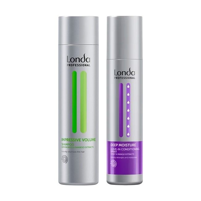 Oferte la Pachet Londa Professional Volum si Hidratare – Sampon Impressive Volume 250 ml + Spray Leave-In Deep Moisture 250 ml pentru par fin si uscat