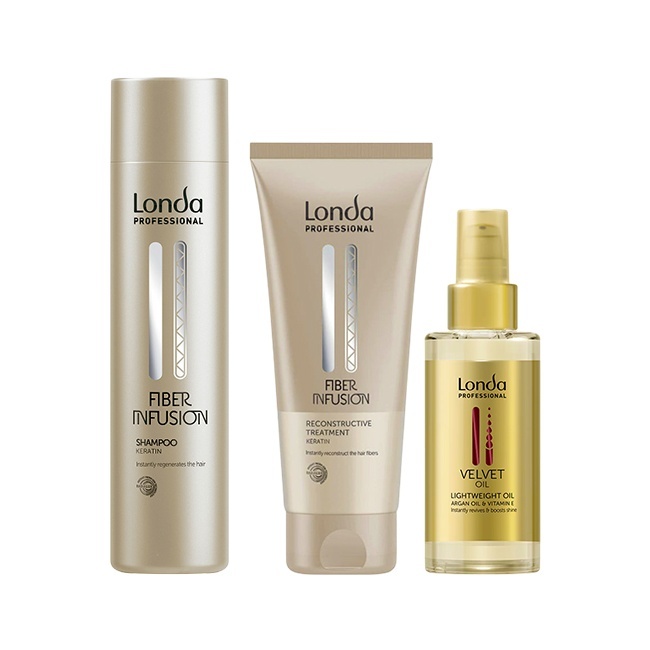 Oferte la Pachet Londa Professional Fiber Infusion – Sampon 250 ml + Tratament Reconstructiv 200 ml + Ulei Velvet cu ulei de argan si vitamina E 100 ml