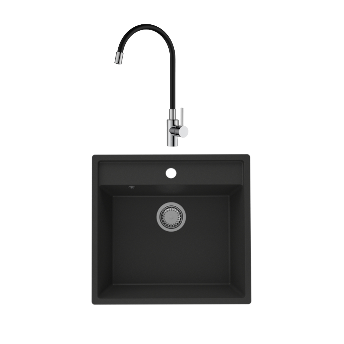 Oferte la Chiuveta de bucatarie SanDonna Selena, granit compozit, negru cu baterie flexibila Lola, negru-crom, 53 x 50 cm cm