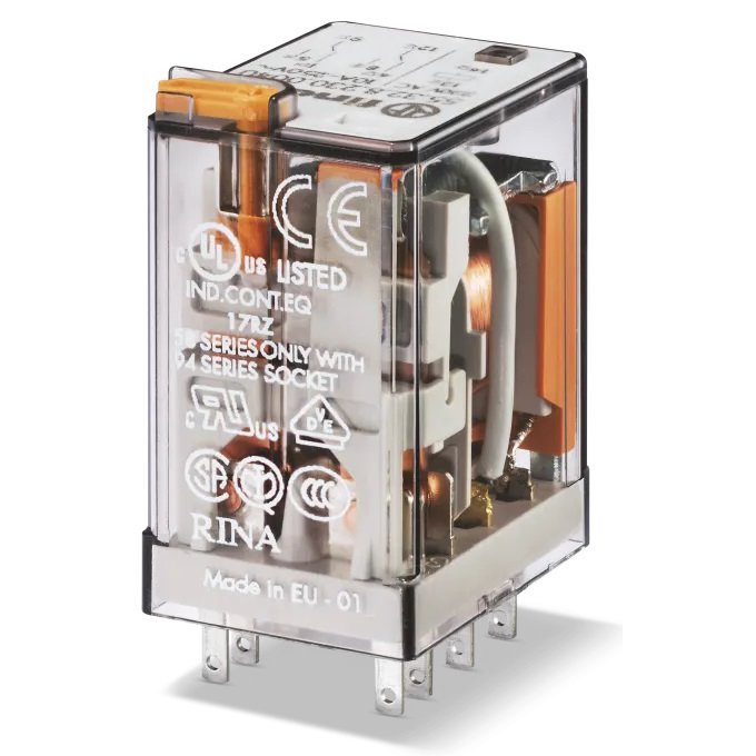 Oferte la Releu industrial miniaturizat, fisabil, alimentare 24VC.C., 2CO, 10A, AgNi, cu buton de proba blocabil Finder 55.32.9.024.0040