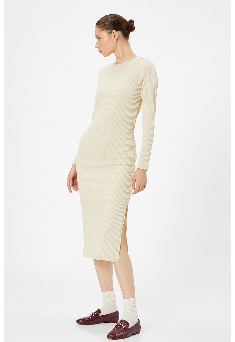 Oferte la Rochie midi striata cu slit lateral - Crem