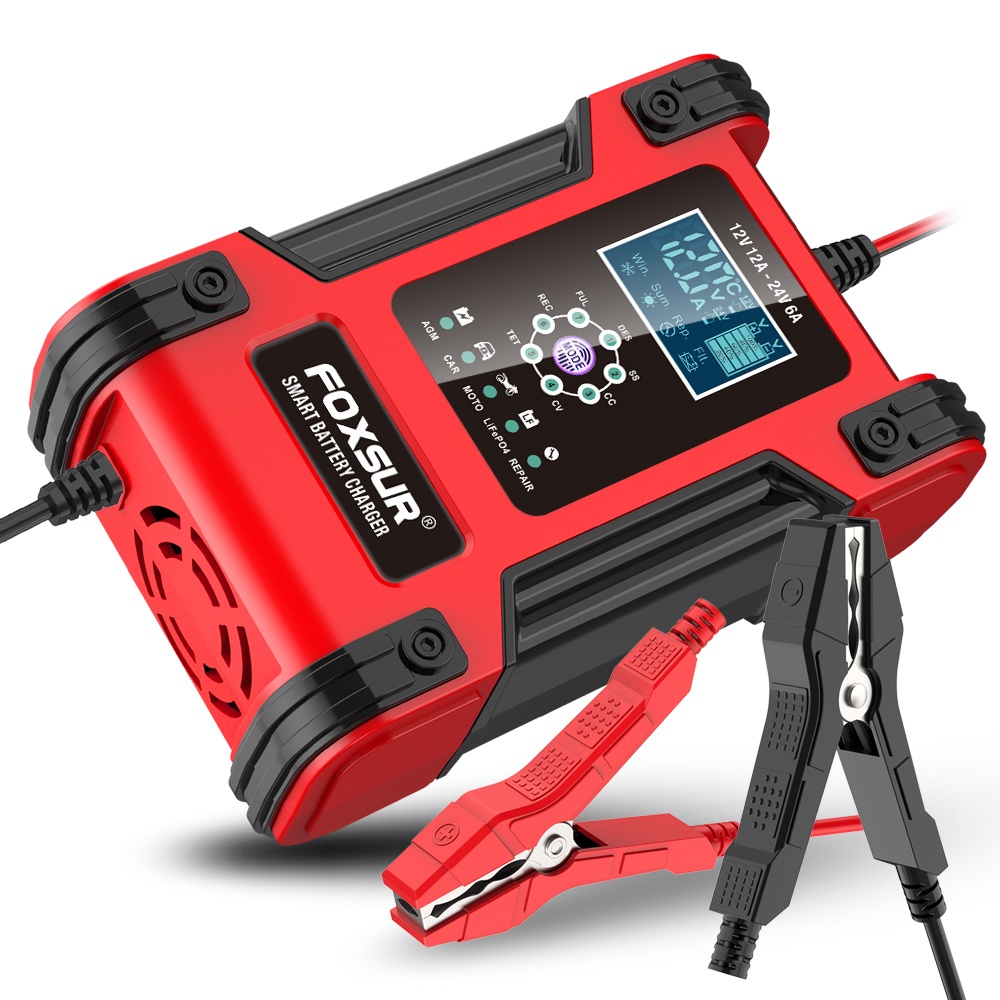 Oferte la Incarcator Redresor baterii auto-moto inteligent FOXSur FBC122412D, 12V 12A/24V 6A, 7 trepte incarcare, LCD, mod reparatie baterii AGM, GEL, SLA, Wet, Deep Cycle, EFB, Calcium, LiFePO4, Rosu