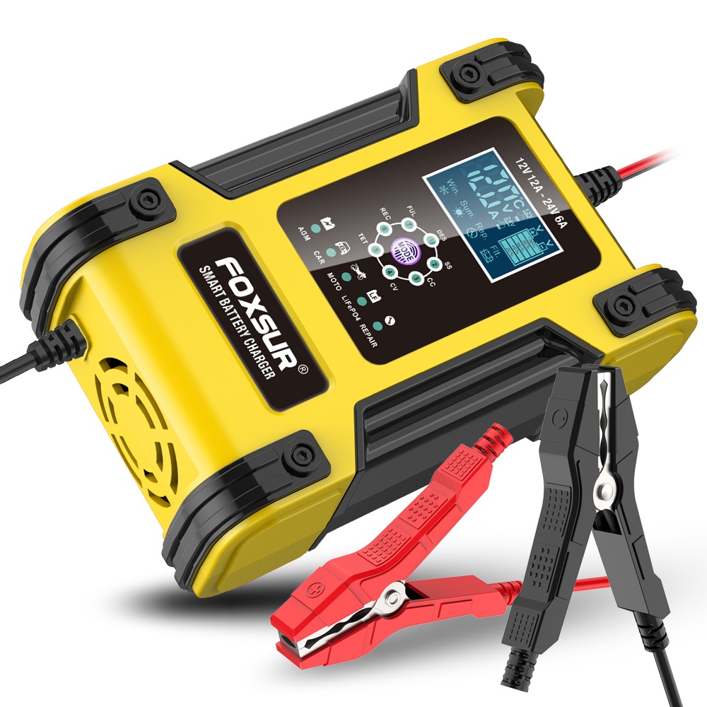 Oferte la Incarcator Redresor baterii auto-moto inteligent FOXSur FBC122412D, 12V 12A/24V 6A, 7 trepte incarcare, LCD, mod reparatie baterii AGM, GEL, SLA, Wet, Deep Cycle, EFB, Calcium, LiFePO4, Galben
