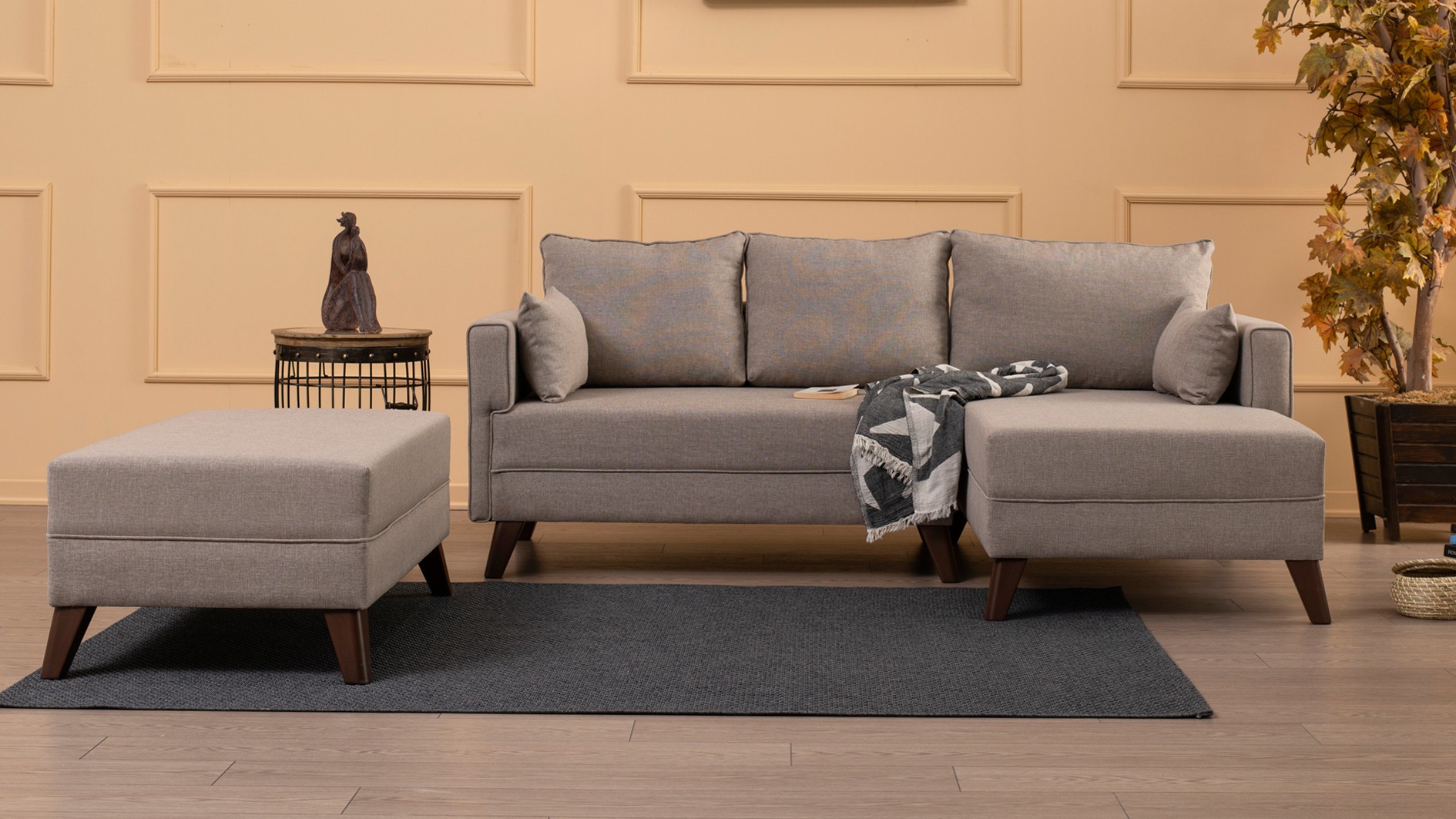 Oferte la Canapea Tip Coltar Tapitat cu Taburet Bella Corner Sofa Right 2 - Cream
