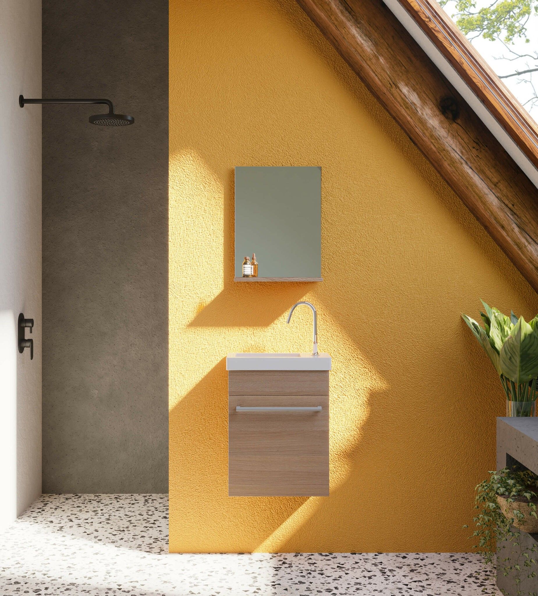 Oferte la Set mobilier baie, lavoar 42 cm și oglindă cu poliță, rovere fumo, Perla
