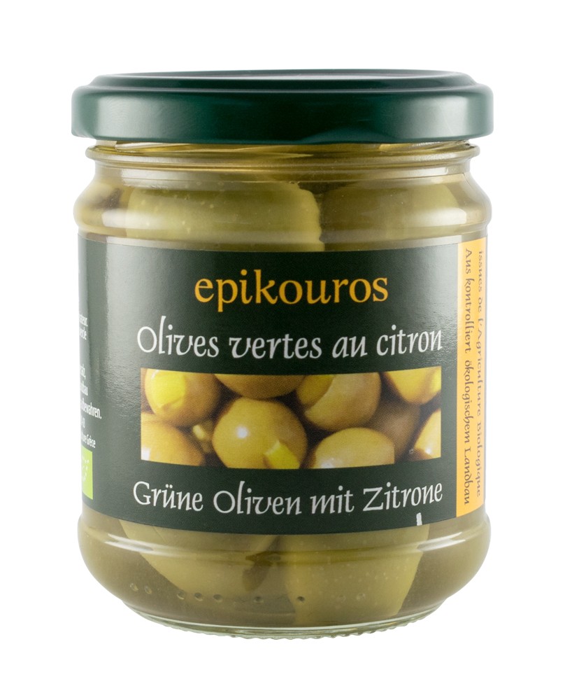 Masline verzi bio umplute cu lamaie, 190g Epikouros