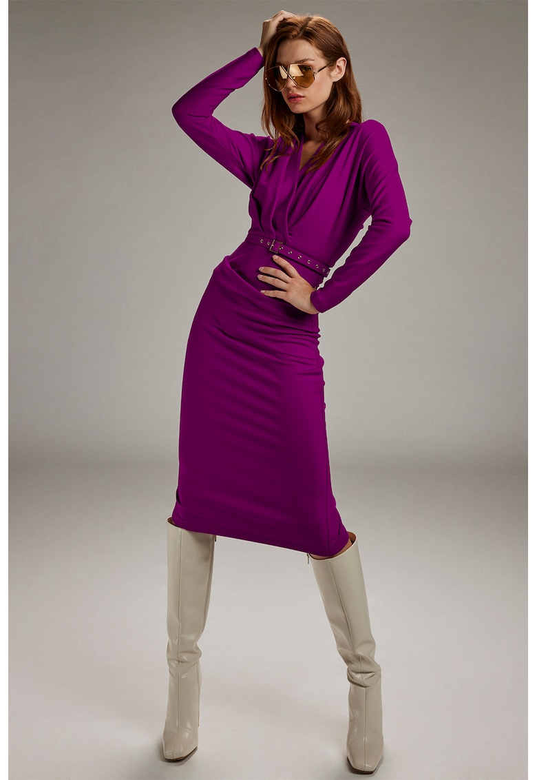Oferte la Rochie cambrata cu decolteu in V si curea asortata - Violet