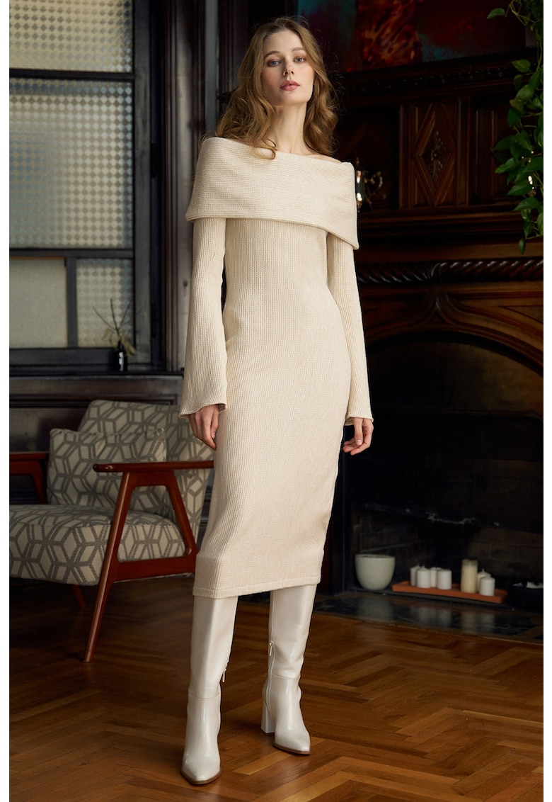 Oferte la Rochie midi cu decolteu pe umeri - Bej