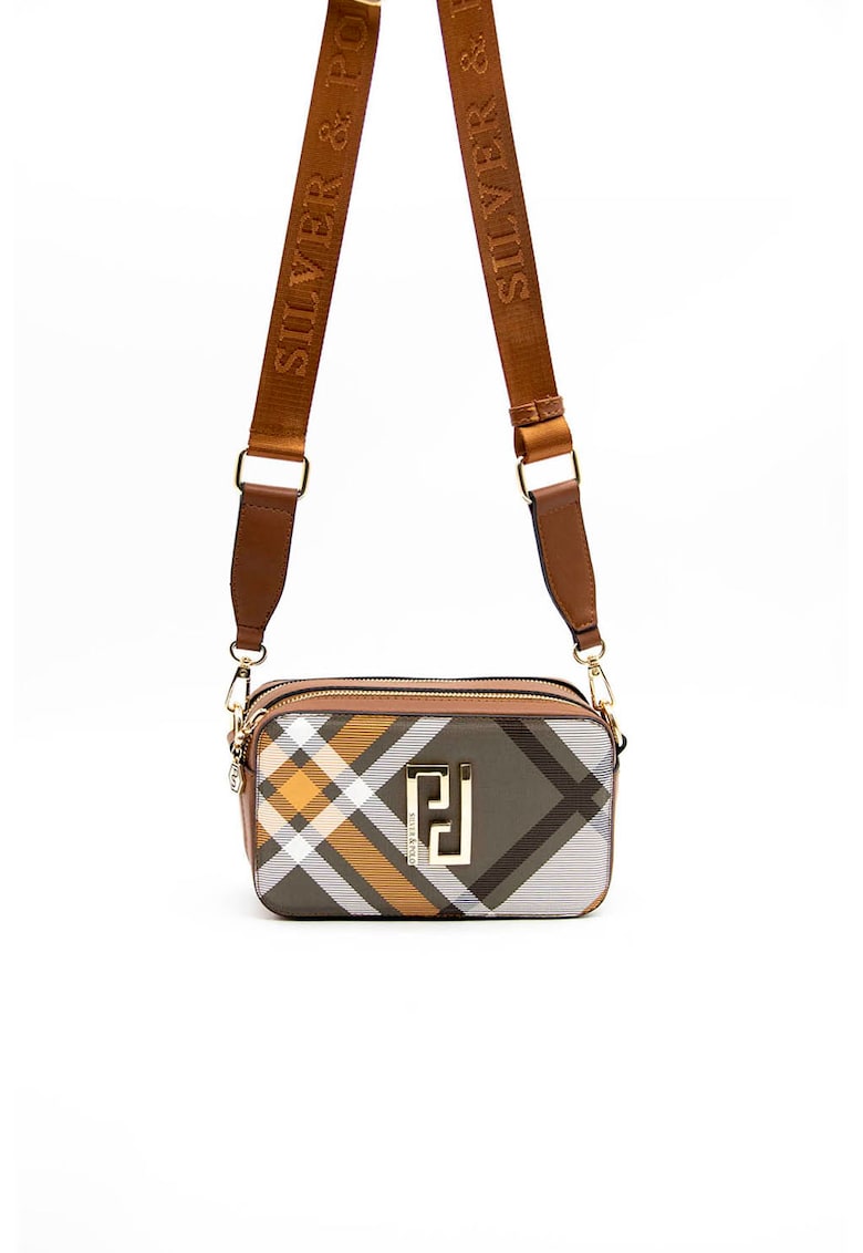 Oferte la Geanta crossbody de piele ecologica cu logo metalic - Alb/Maro scortisoara/Kaki