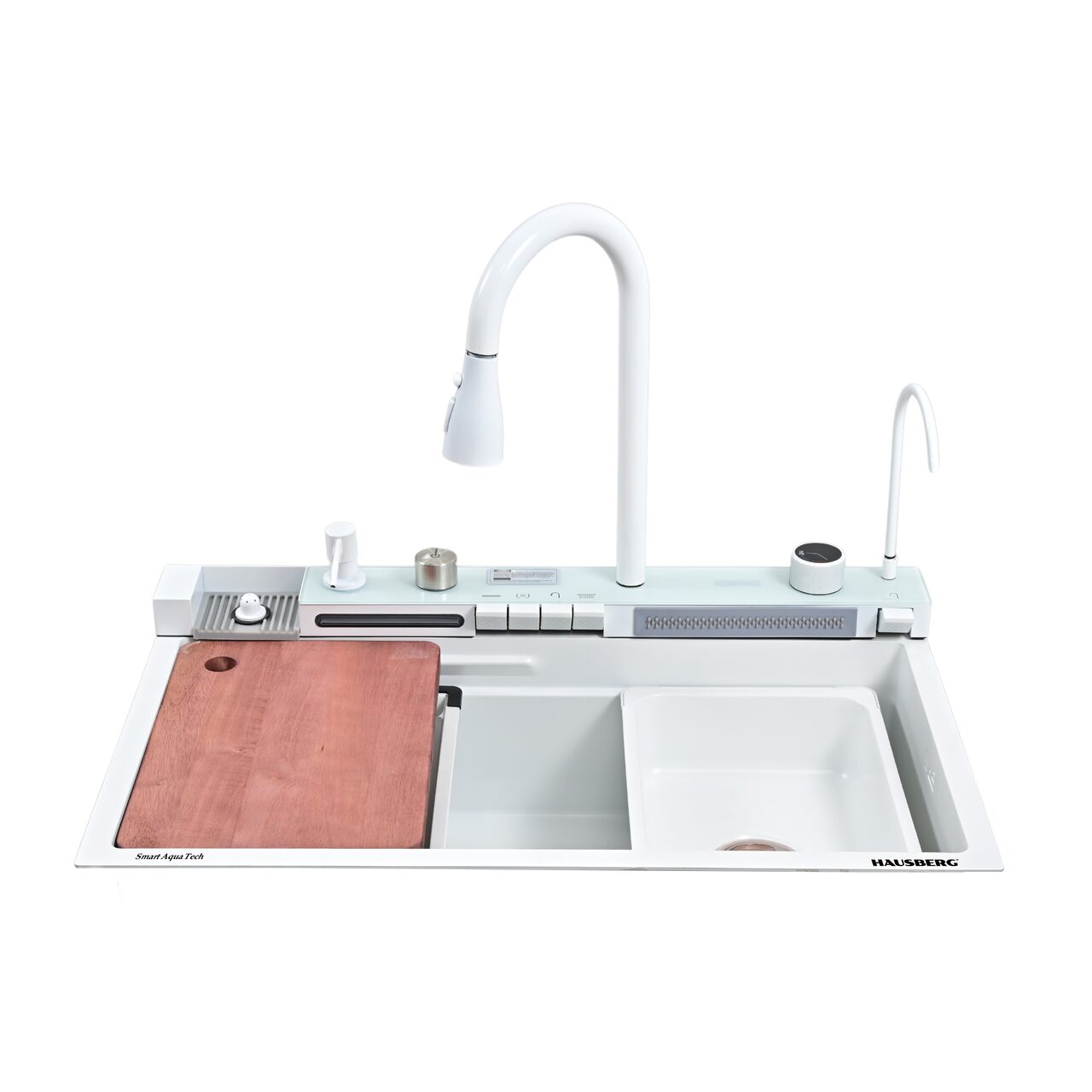 Oferte la Set chiuveta multifunctionala HAUSBERG HBC-9955AB, otel inoxidabil, baterie dubla, alb, cuva perforata fructe/legume, cuva universala cu dop scurgere, tocator, 750x460x220 mm, accesorii incluse