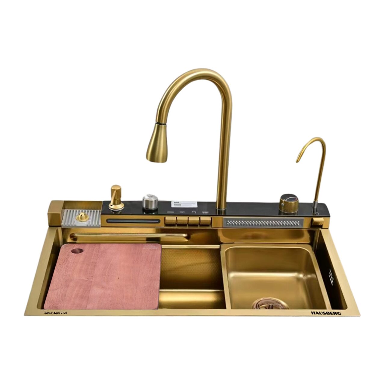 Oferte la Chiuveta bucatarie inox Hausberg, aurie, dreptunghiulara, cuva stanga / dreapta, 75 x 46 cm, adancime cuva 21.5 cm + baterie cu display digital + baterie filtru apa + dozator detergent + suport spalare pahare + 2 tavite uscare + tocator lemn