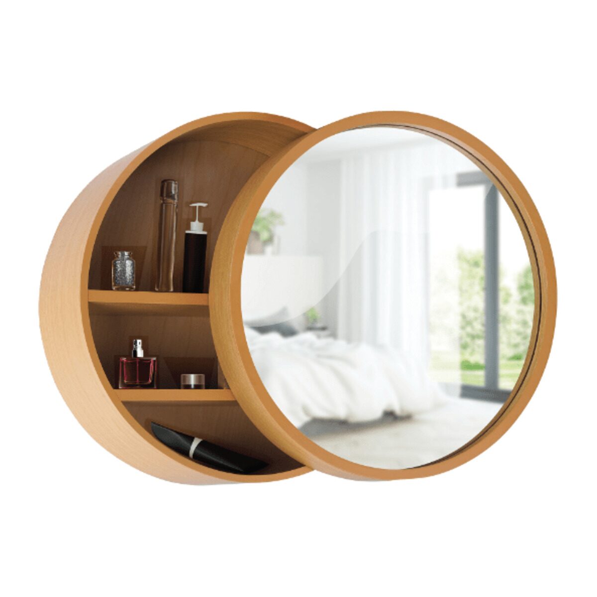 Oferte la Oglinda de baie cu dulap Hausberg DL1, deschidere prin culisare, rotunda, PAL, maro, Ø50 cm x 13 cm