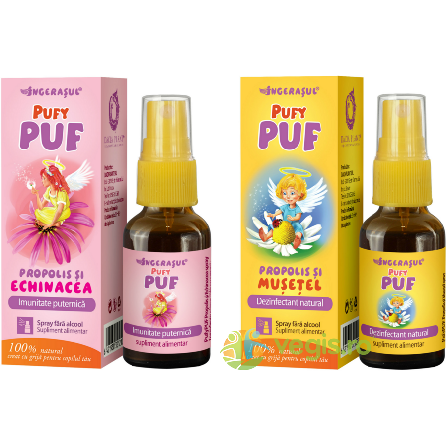 Oferte la Pachet pentru Copii Pufy Puf: Propolis si Echinacea Spray fara Alcool 20ml  + Propolis si Musetel Spray fara Alcool 20ml