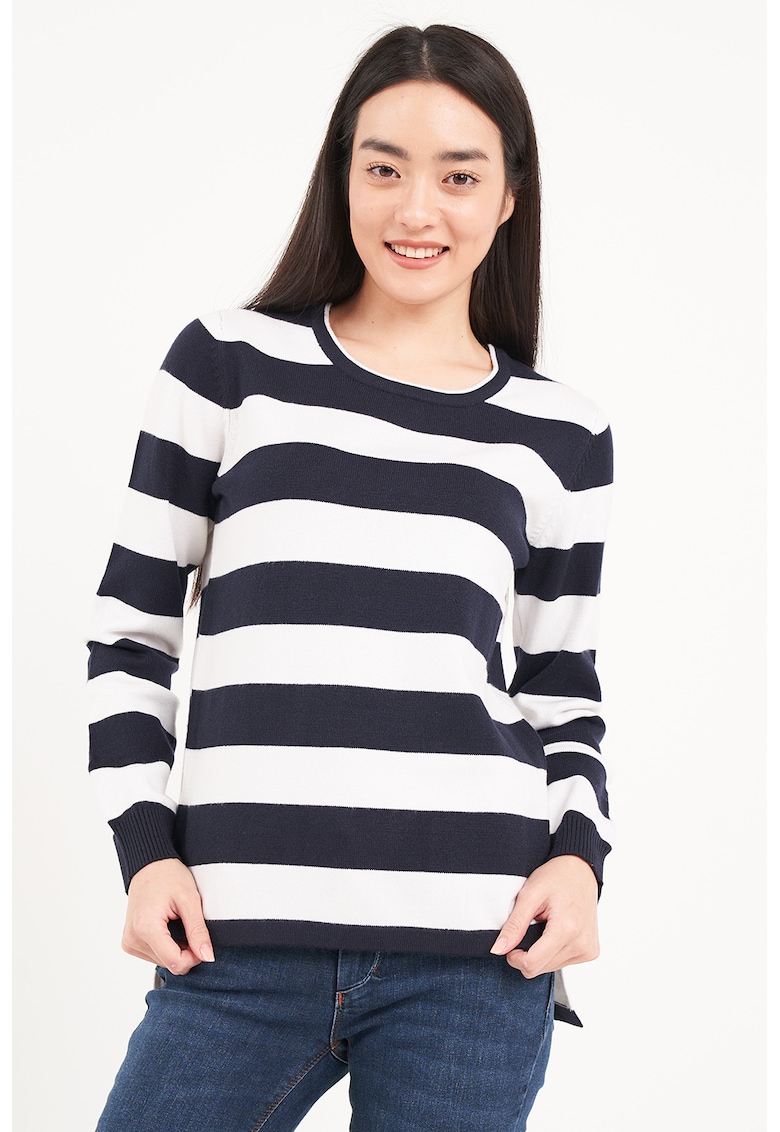 Pulover cu decolteu rotund si model in dungi - Alb/Albastru ultramarin