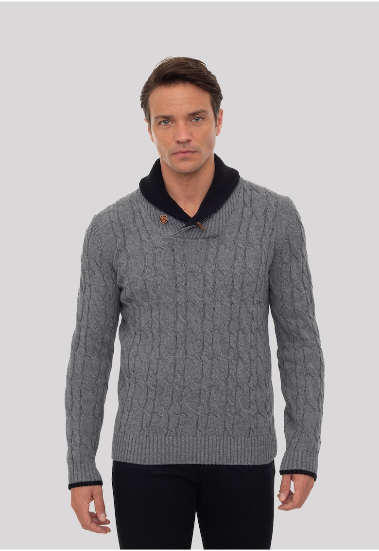 Oferte la Pulover cu model torsade si guler sal - Gri melange