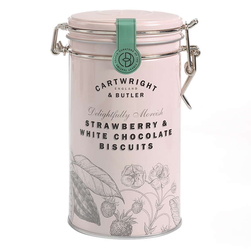 Oferte la Biscuiti cu Ciocolata Alba si Capsuni in cutie metalica 200g Cartwright & Butler