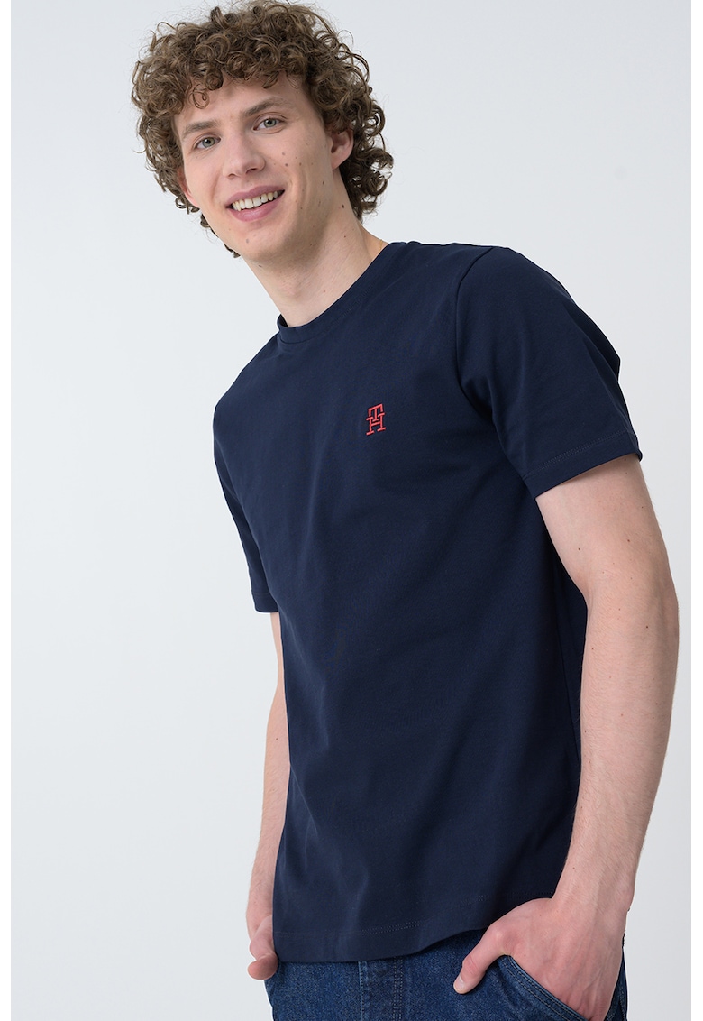 Tricou de bumbac cu decolteu la baza gatului - Bleumarin